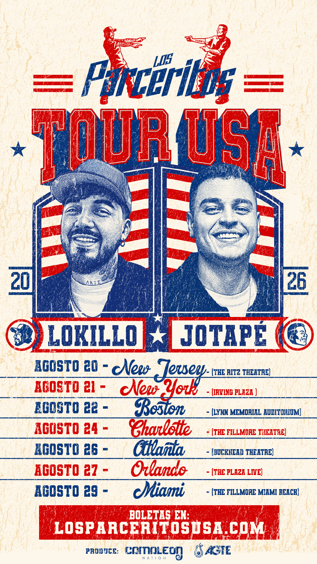 Afiche oficial Los Parceritos Tour USA 2026 con todas las fechas