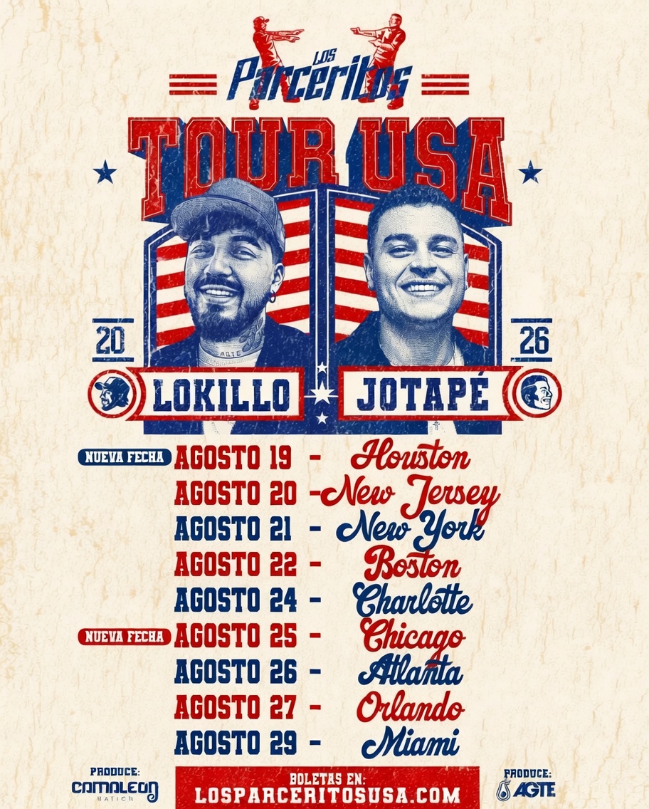 Afiche oficial Los Parceritos Tour USA 2026 con todas las fechas