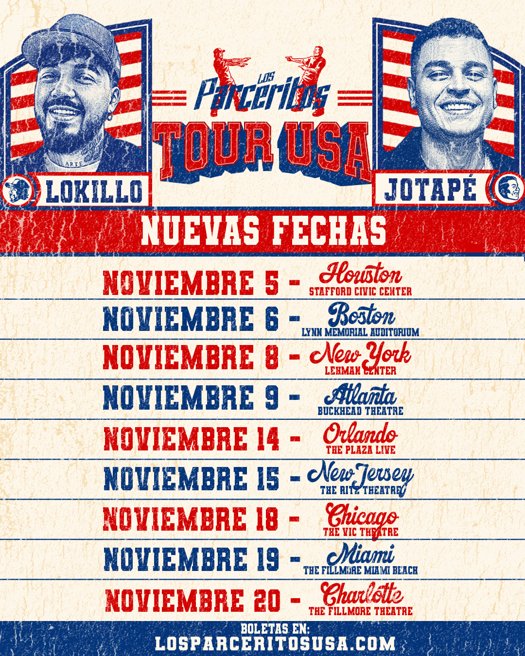 Afiche oficial Los Parceritos Tour USA 2026 con las nuevas fechas de noviembre